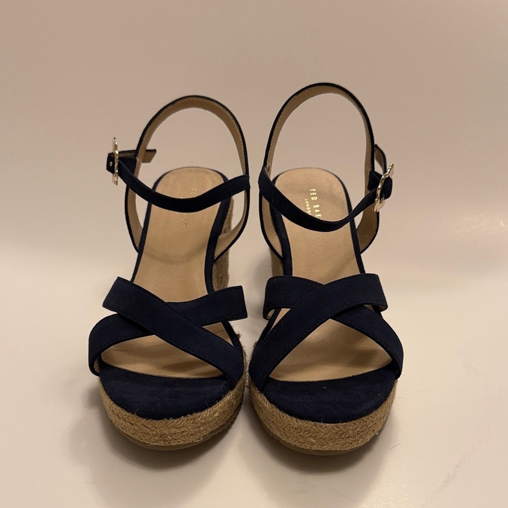 Ted Baker Elegant Navy Leather Wedge Sandals Size 10‎